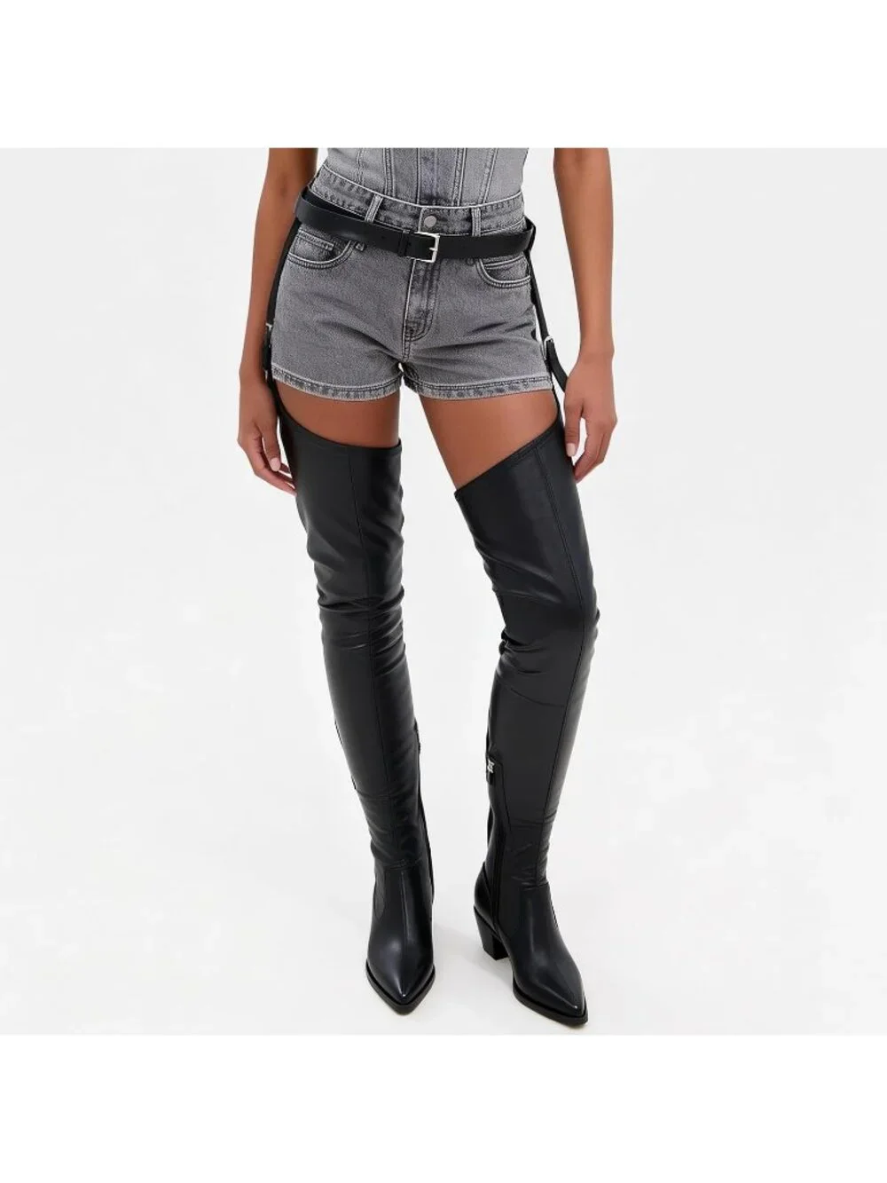 Women Black Pu Pointed Toe Belted Faux Suede Side Zipper Over The Knee High Boot